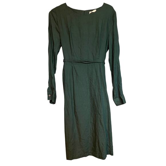 Grae Cove 100% Linen Long Sleeve Midi Dress Tie Emerald Green Lagenlook Size L - Picture 1 of 12